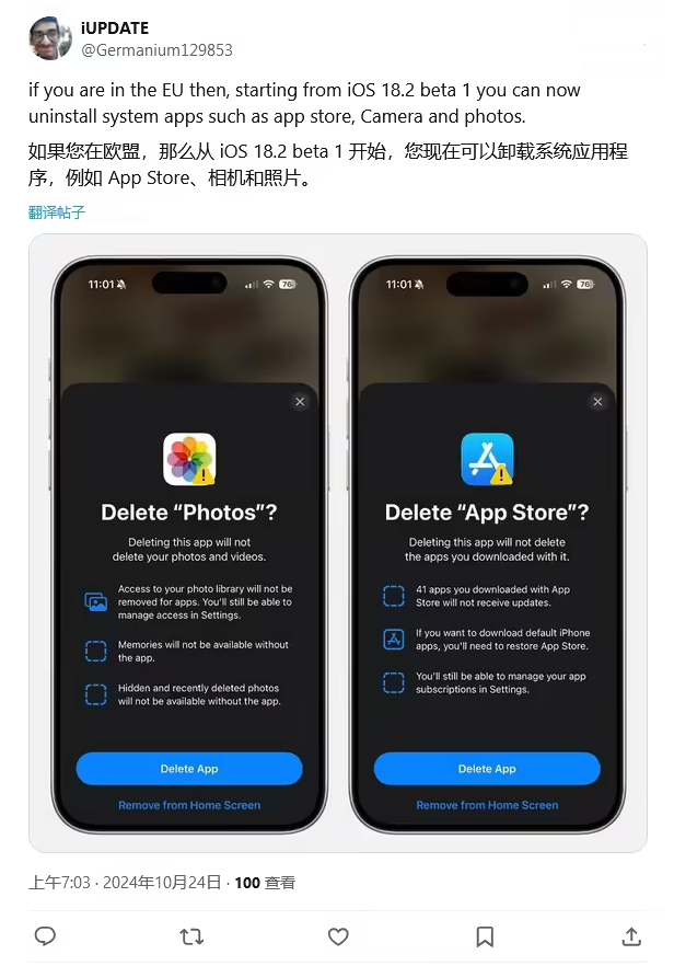 源城苹果手机维修分享iOS 18.2 支持删除 App Store 应用商店 